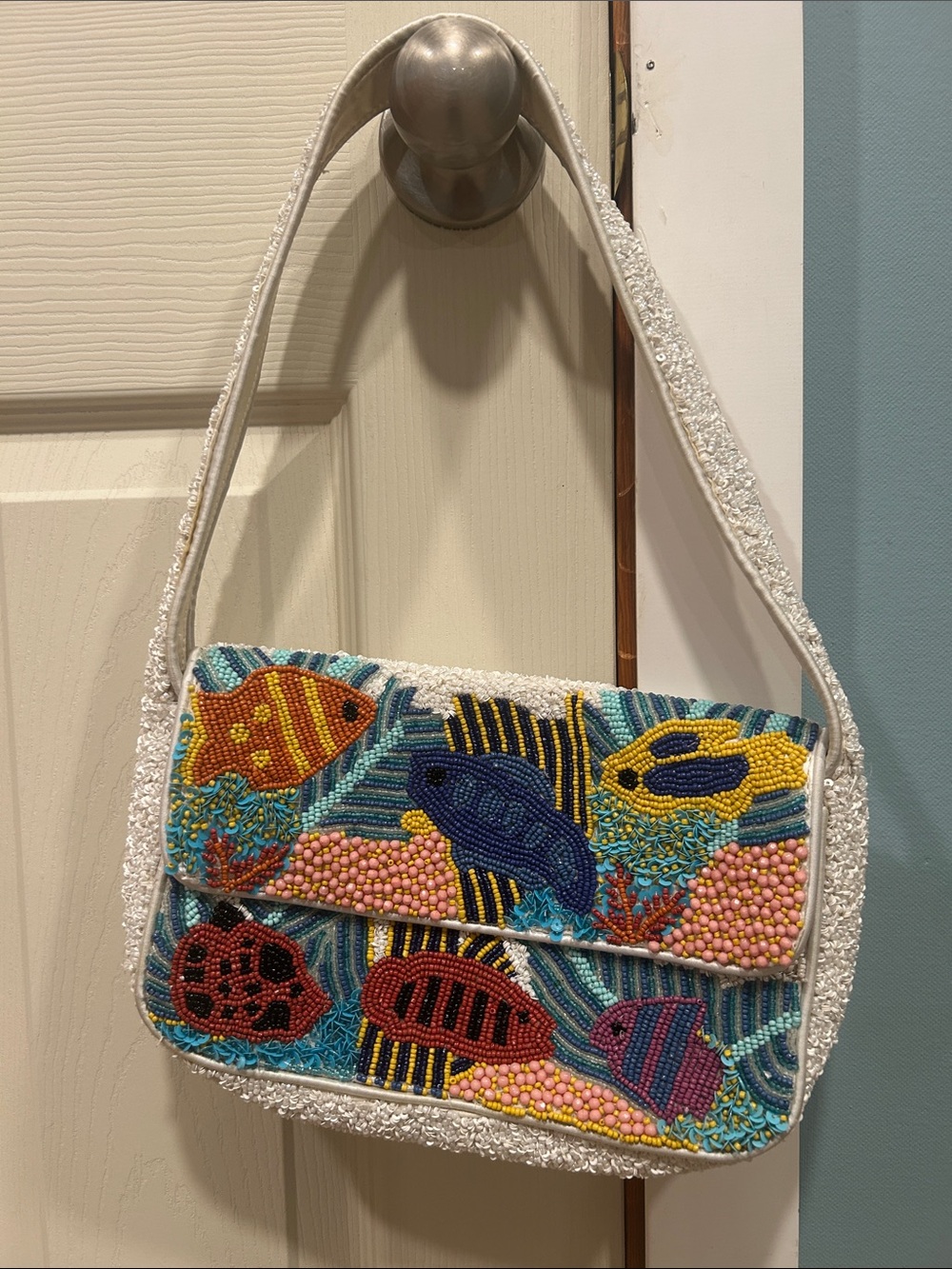 Beaded Tropical Fish Shoulder Bag in White